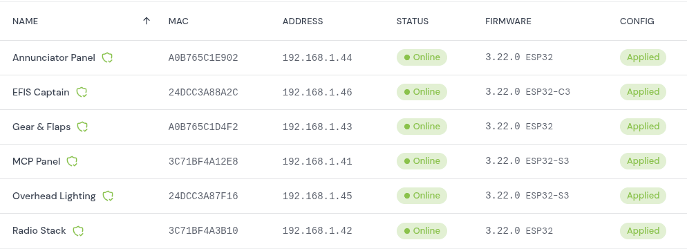 The CockpitConnect Controllers page listing ESP32 controllers connected over WiFi