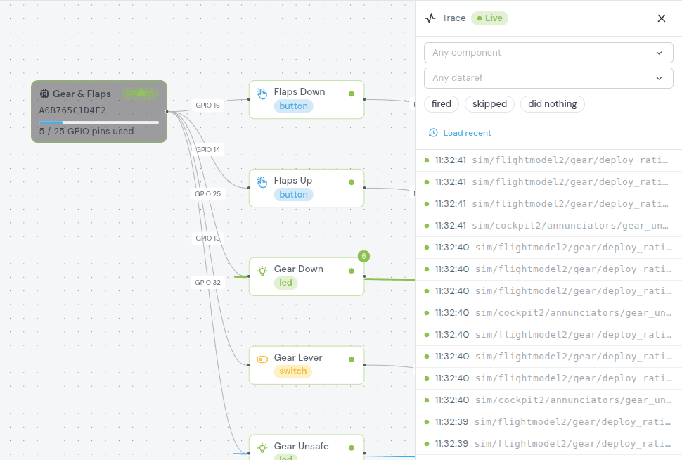 The live Trace panel listing dataref updates while the active binding lights up on the canvas